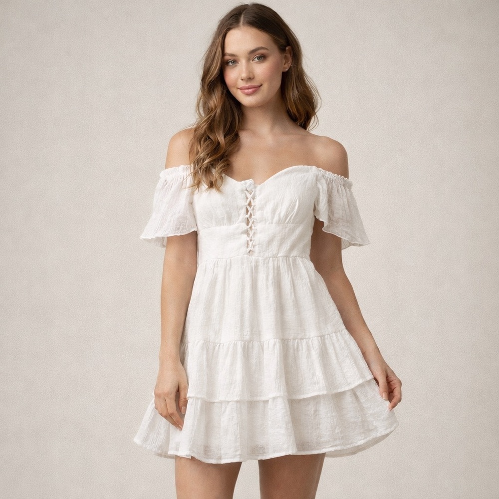 City Triangles White Off Shoulder Mini Dress Medium Ruffle Tiered Boho